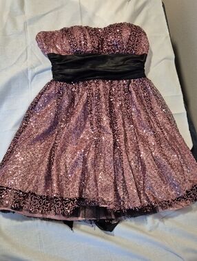 Pink Sequin Strapless Dress Black Satin Bow in Back Y2K Retro Prom